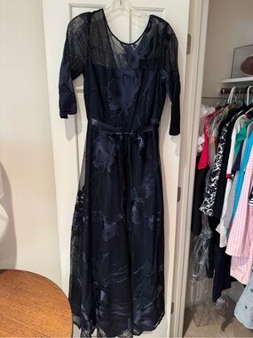 Tahari Navy Blue Floral Lace Overlay Long Sleeve Dress